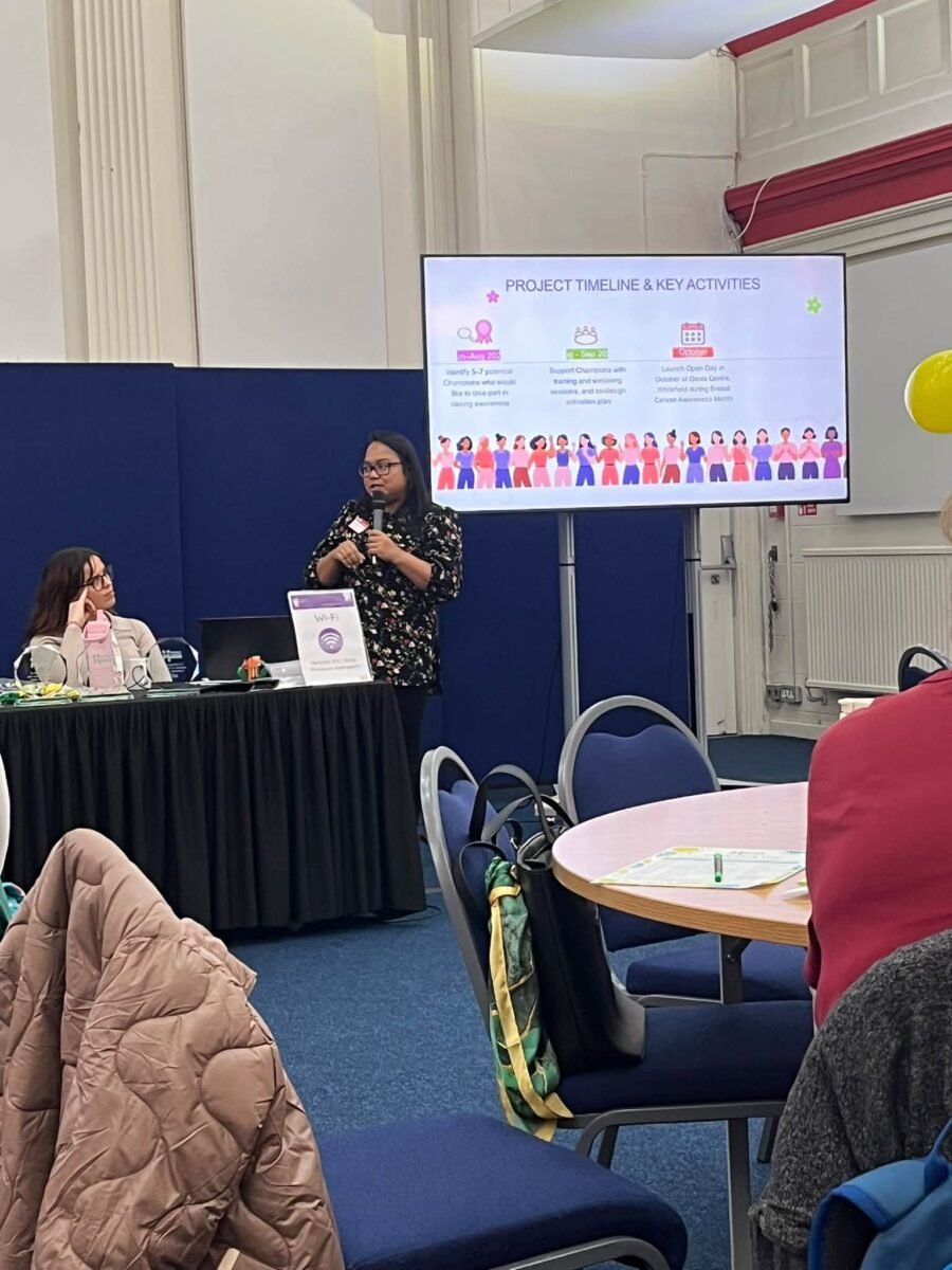 Speaker presenting the project timeline and key activities of a breast cancer awareness project